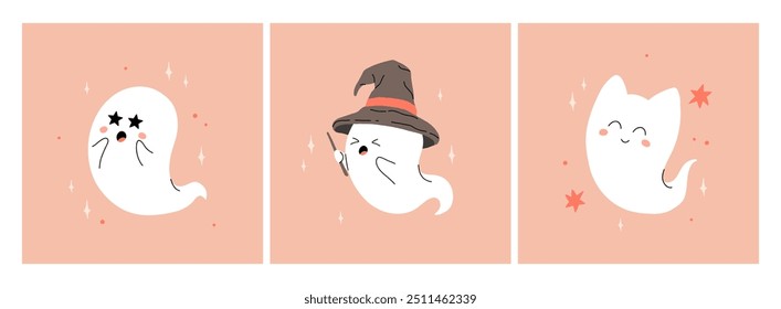 Cute halloween ghosts Vector isolated illustration of funny, adorable ghost, symbol of October holiday Halloween. Fantasy monster saying Boo. Smiling creature.