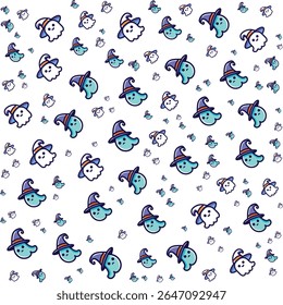 Cute halloween ghosts wearing witch hats seamless pattern background