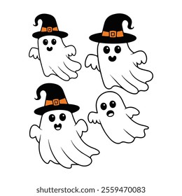 Cute Halloween Ghosts with Witch Hats Vector, Cute Ghost Cartoon Vector Illustration for Halloween 