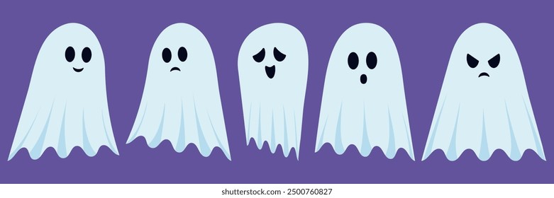 Cute Halloween Ghots. Spooky season ghost characters. Set of cute ghosts with different emotions. Smiling, disappointed, touched, surprised, scared, angry ghost. 