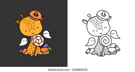 Cute Halloween Giraffe Clipart For Coloring Page And Illustration. Happy Clip Art Halloween Character. Cute Vector Illustration Of A Kawaii Animal For Halloween Stickers.
