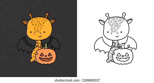 Cute Halloween Giraffe Clipart Illustration And Black And White. Funny Clip Art Halloween Character. Cute Vector Illustration Of A Kawaii Halloween Animal In A Vampire Costume.
