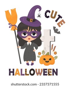 Cute Halloween. Girl in carnival mask in witch hat with spider and broom near grave cross pumpkin Jack with candy lollipops and bat. Vector illustration in cartoon style. Festive kids collection card
