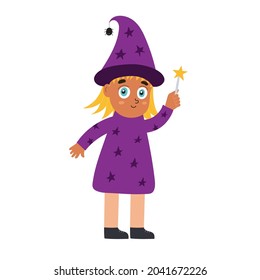 Cute Halloween girl wearing witch costume. Funny trick or treat kid with a magic wand. Vector illustration