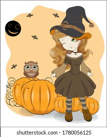 cute Halloween girl in witch hat with spider on pumpkin background. Picture in hand drawing cartoon style, for t-shirt wear fashion print design, greeting card, postcard. baby shower. party invitation