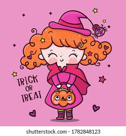 Cute Halloween girl witch vector with pumpkin candy cartoon, Pretty kids Trick or treat for holiday, Fancy dress: Doodle Nursery decoration, hand drawn Kawaii character. Perfect for child greeting.