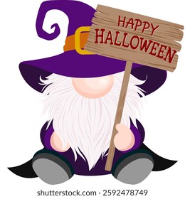 Cute Halloween gnome wearing a purple witch hat, holding a "Happy Halloween" sign. Perfect for spooky designs, invitations, and seasonal decorations. Vector illustration, isolated on white.