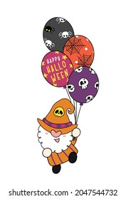cute Halloween Gnome in witch costume hold party Halloween balloons, Happy Halloween flat cartoon character doodle outline