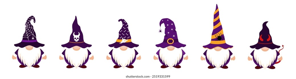 Genomas de halloween bonitos com chapéu assustador. Personagens festivos com teias de aranha e crânios em seus chapéus e chifres demoníacos para festas de bruxaria de designer