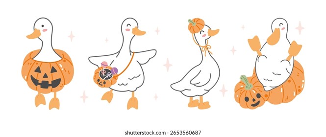 Fofo clipart de ganso de Halloween com abóboras, jack o lanternas. Perfeito para temas de férias de outono.