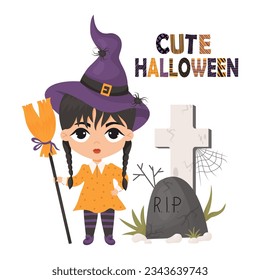 Cute Halloween. Gothic witch girl with braids in hat with spiders and broom near grave headstone with cross and spider web. Vector illustration in cartoon style. Festive kids collection card.