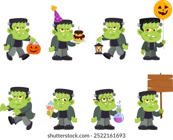 Cute Halloween Green Monster Cartoon Character. Vector Flat Design Collection Set Isolated On Transparent Background