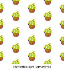 Cute Halloween Green Zombi Cupcakes with eyes pattern on a white background.