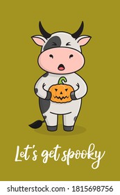 Cute Halloween greeting card with bull cow or ox, symbol of the year 2021 according to the Chinese calendar. Vector stock ready-to-print illustration for postcard, poster, template for social media.