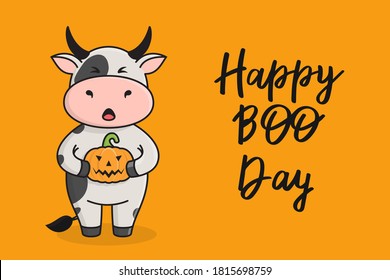 Cute Halloween greeting card with bull cow or ox, symbol of the year 2021 according to the Chinese calendar. Vector stock ready-to-print illustration for postcard, poster, template for social media.