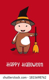 Cute Halloween greeting card with bull cow or ox, symbol of the year 2021 according to the Chinese calendar. Vector stock ready-to-print illustration for postcard, poster, template for social media.