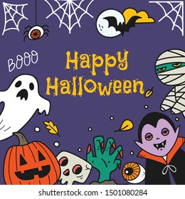 Cute Halloween greeting card with halloween cartoon characters