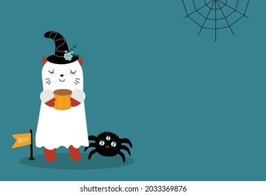 Cute Halloween greeting card with cute cat in ghost costume and spider with cobwebs. Animal cartoon character. Vector flat style illustration. Kawaii Style Decoration for Party. Happy Halloween Card.