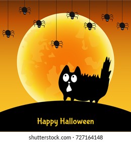 Cute  Halloween greeting card.   Fun  black cat,  moon  and  spider.  Vector  template   for  flyer or party  invitation.