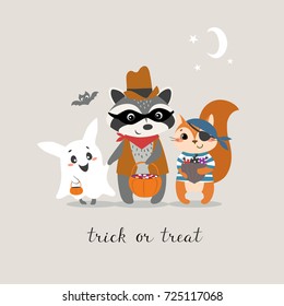 Cute Halloween greeting card with funny little animals trick or treating.