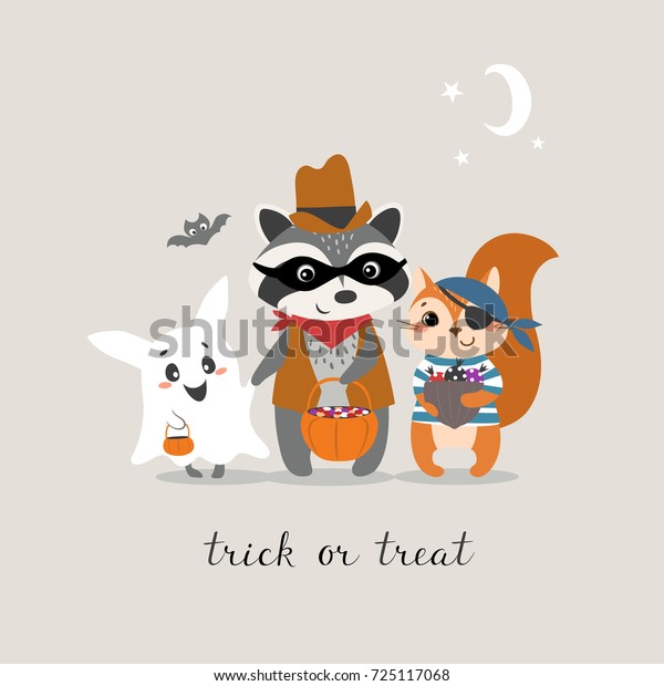 Cute Halloween greeting card with funny little\
animals trick or\
treating.
