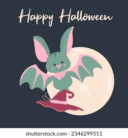 Cute Halloween greeting card with handdrawn small bat holding the witch hat. Vector illustration.