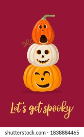 Cute Halloween greeting card with jack'o'lantern pumpkins. Vector stock ready-to-print illustration for postcard, poster, template for social media.