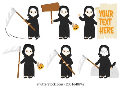 Cute Halloween grim reaper character and elements vector set
