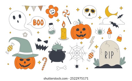 Cute Halloween groovy elements. Set retro style 90s. Hippie design. Pumpkin, ghost, grave, cauldron, potion on white background. Spider web, skull, bat, moon and clouds. Vector illustration.