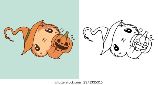 Cute Halloween Guinea Pig Clipart for Coloring Page and Illustration. Happy Clip Art Halloween Rodent. Cute Vector Illustration of Halloween Kawaii Animal in Witch Costume. 