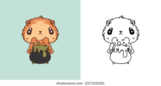 Cute Halloween Guinea Pig Illustration and For Coloring Page. Cartoon Clip Art Halloween Rodent. Cute Vector Illustration of a Kawaii Animal for Halloween Stickers. 