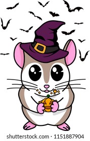 Cute Halloween hamster with witch hat and pumpkin