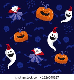 Cute halloween hand drawn color vector seamless pattern. Cartoon characters ghost, pumpkin, vampire, skull, bat. Scandinavian illustration. Wrapping paper, textile, halloween web background 