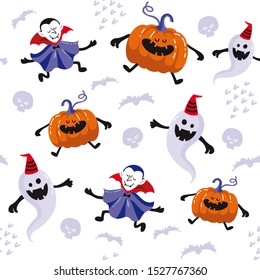 Cute halloween hand drawn color vector seamless pattern. Cartoon characters ghost, pumpkin, vampire, owl, skull, bat. Scandinavian illustration. Wrapping paper, textile, halloween web background 