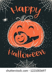 Cute Halloween hand drawn invitation or greeting card template with smiling pumpkin and spider. Vector illustration.