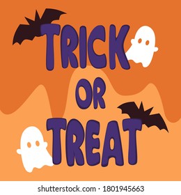 Cute halloween hand drawn lettering trick or treat vector card with bats and ghosts