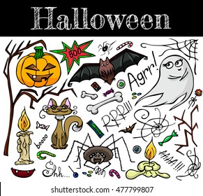 Cute Halloween hand drawn set. Colored vector illustration isolated on white
