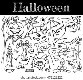 Cute Halloween hand drawn set. Black and white vector illustration.