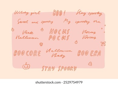 Letras lindas de la escritura de la mano de Halloween. Pegatinas de texto. Citas divertidas de la muchacha feliz de Halloween. Para tarjetas, carteles, cepilladoras Elementos de arte de Clip de Vector. Hocus pocus, boo, era espeluznante, chica bruja