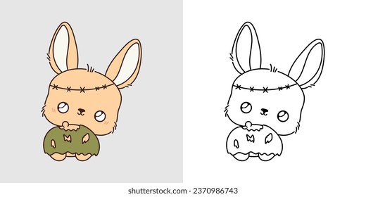 Cute Halloween Hare Illustration and For Coloring Page. Cartoon Clip Art Halloween Bunny. Cute Vector Illustration of a Kawaii Halloween Forest Animal in a Zombie Costume. 
