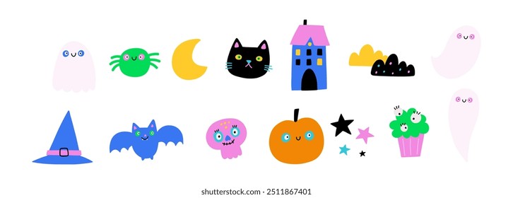 Cute Halloween, holiday card. Childish, playful style print with pumpkin, ghost, bat and skull. Flat vector illustration