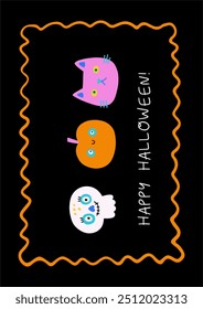 Cute Halloween, holiday card. Childish, playful style print with pumpkin, ghost, bat and skull. Flat vector illustration