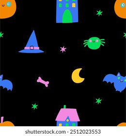 Cute Halloween, holiday card. Childish, playful style print with pumpkin, ghost, bat and skull. Flat vector seamless pattern