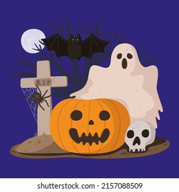 Cute Halloween holiday collection vector illustration. Flat cartoon pumpkin Jack, ghost, bat, skull and grave with spider. Spooky full moon night, festive scary concept, decoration design element set