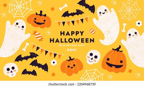 Cute Halloween horizontal design template. Textured illustration of various monsters. Vector illustration.