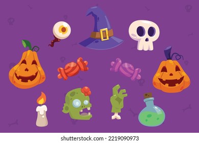 lindo vector conjunto de iconos de Halloween. calabazas, calavera, bruja, caramelo, zombie, ojo, vela