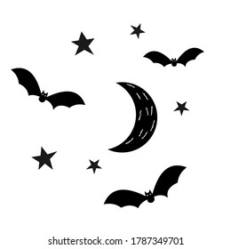 Cute Halloween icon set with bat, star and moon isolated on white background vector illustration.