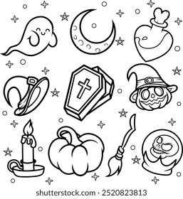 A cute Halloween icon set featuring ghosts, coffins, pumpkins, witch hats, candles, and more in black and white, perfect for seasonal designs.