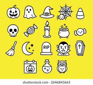 Cute halloween Icon set Hand drawn black line style