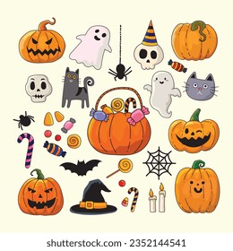 Cute Halloween icon  vector illustration with pumpkins, bat, black cat, ghost and raven bird.